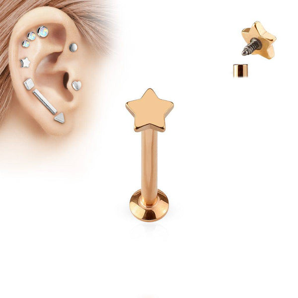 Rose Gold PVD surgical steel flat back internally threaded Star labret monroe tragus cartilage ring - Pierced Universe