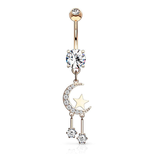 Rose Gold Surgical Steel Crescent Moon & Star Dangle Belly Button Ring - Pierced Universe