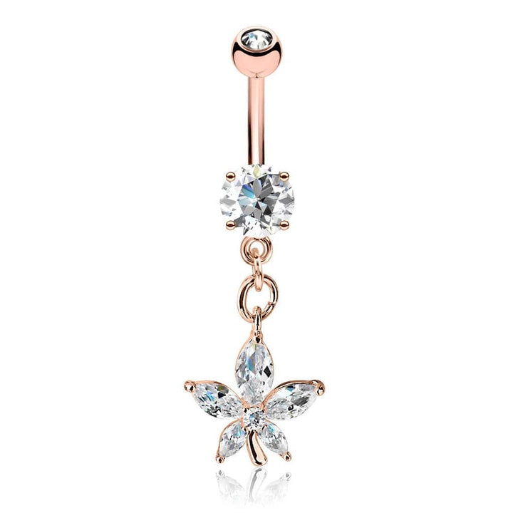 Rose Gold Surgical Steel Dangling Petal Flower White CZ Belly Ring - Pierced Universe
