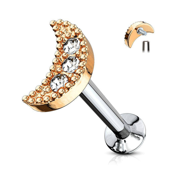 Rose Gold Surgical Steel Internally Threaded White CZ Moon Crescent Labret - Pierced Universe