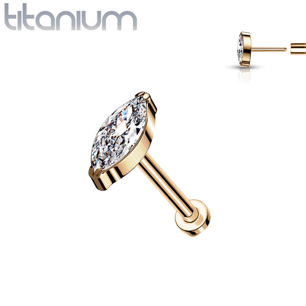 Implant Grade Titanium Rose Gold PVD Threadless Push In Labret White Marquise CZ Stud - Pierced Universe