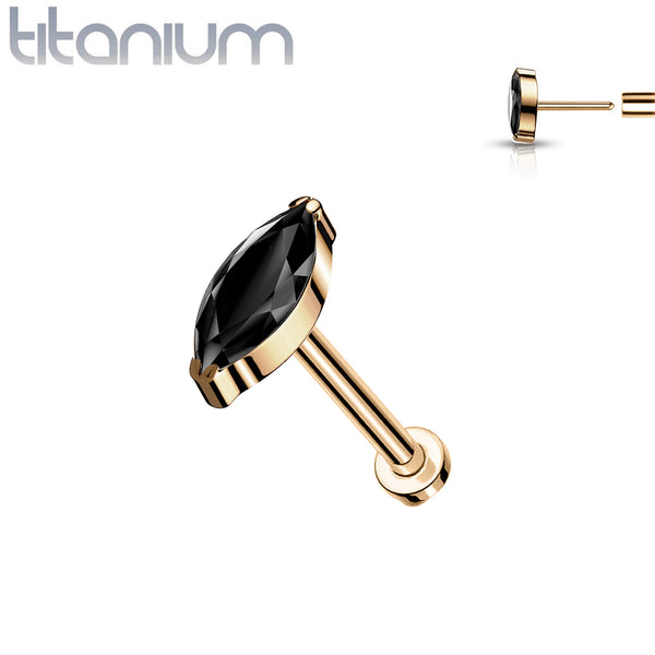 Implant Grade Titanium Rose Gold PVD Threadless Push In Labret Black Marquise CZ Stud