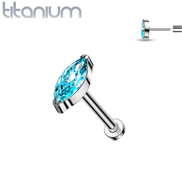 Implant Grade Titanium Threadless Push In Labret Aqua Marquise CZ Stud - Pierced Universe