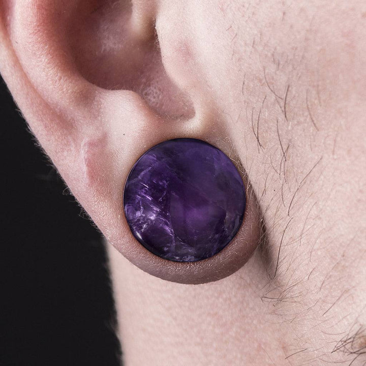 Single Flared Amethyst Semi Precious Dome Organic Stone Ear Spacers Gauges Plugs - Pierced Universe