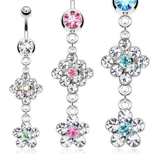 Surgical Steel 2 Dangling CZ Gem Flowers Belly Button Navel Ring - Pierced Universe