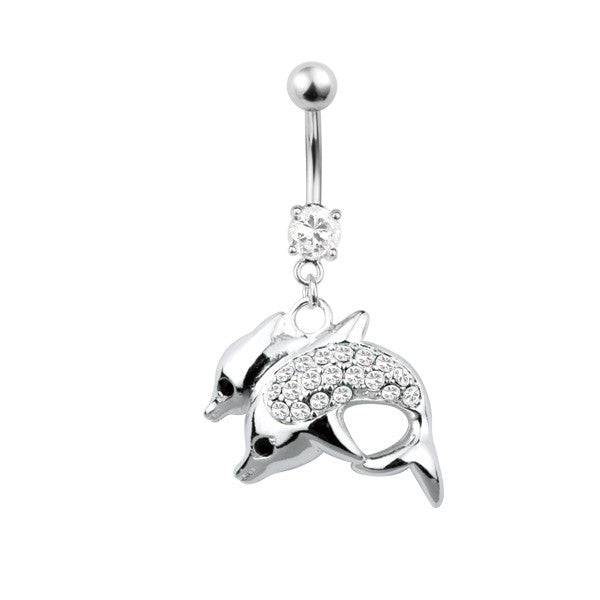 Surgical Steel 2 White CZ Gem Crystal Dolphins Dangle Belly Button Navel Ring - Pierced Universe