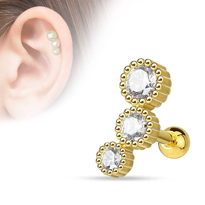 Surgical Steel 3 Consecutive CZ Gem Ball Back Ear Cartilage Helix Stud Barbell - Pierced Universe