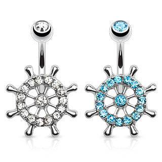 Surgical Steel Anchor Ship Wheel CZ Belly Ring - Pierced Universe