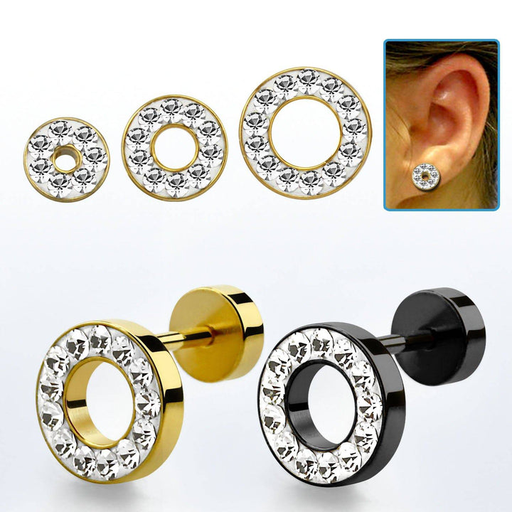 Surgical Steel Anodized CZ Paved Screw Back Fake Plug Tunnel Earrings - Pierced Universe