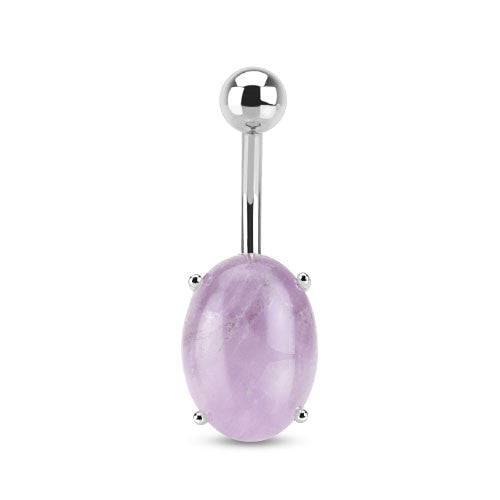 Surgical Steel Belly Button Navel Ring Bar with Amethyst Semi Precious Oval Stone - Pierced Universe