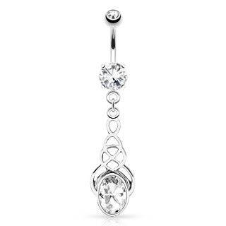 Surgical Steel Belly Button Navel Ring Bar with Clear White Oval CZ Pattern Dangle - Pierced Universe
