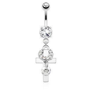Surgical Steel Belly Button Navel Ring Bar with Clear White Religious Crucifix Cross Dangle - Pierced Universe