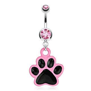 Surgical Steel Belly Button Navel Ring Bar with Dangling Black and Pink Paw - Pierced Universe