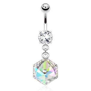 Surgical Steel Belly Button Navel Ring Bar with Dangling Cube Prism Box with Paved Gems - Pierced Universe