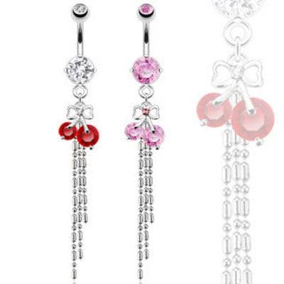 Surgical Steel Belly Button Navel Ring Bar with Dangling CZ Gem Ribbon Cherry - Pierced Universe
