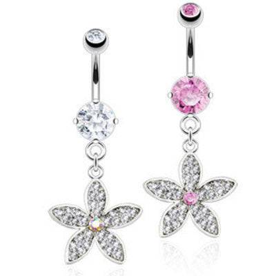 Surgical Steel Belly Button Navel Ring Bar with Dangling CZ Paved Flower Petal with Centre Gem - Pierced Universe