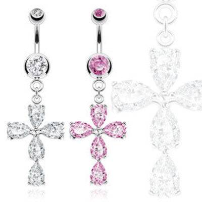 Surgical Steel Belly Button Navel Ring Bar with Dangling CZ Tear drop Religious Cross - Pierced Universe