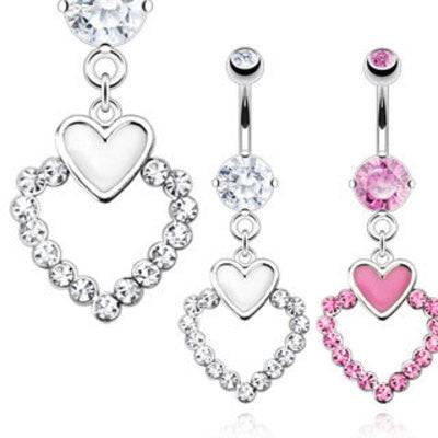 Surgical Steel Belly Button Navel Ring Bar with Dangling Heart Epoxy CZ Gem Rim - Pierced Universe