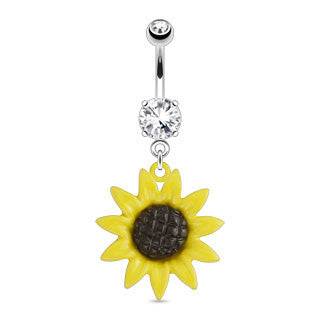 Surgical Steel Belly Button Navel Ring Bar with Dangling Sunflower - Pierced Universe