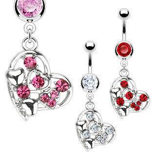 Surgical Steel Belly Button Navel Ring Bar with Heart Design CZ Gems Dangle - Pierced Universe