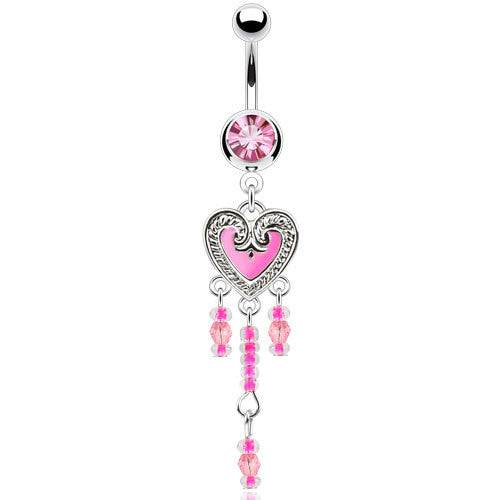 Surgical Steel Belly Button Navel Ring Bar with Pink Beaded Heart Chain Dangle - Pierced Universe