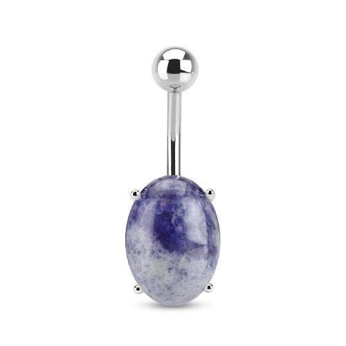 Surgical Steel Belly Button Navel Ring Bar with Sodalite Semi Precious Oval Stone - Pierced Universe