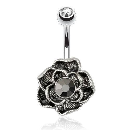 Surgical Steel Belly Button Navel Ring Bar with Vintage Antique Black Flower Stud - Pierced Universe