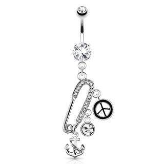 Surgical Steel Belly Button Navel Ring White CZ Safety Pin with Peace and Anchor Charms - Pierced Universe