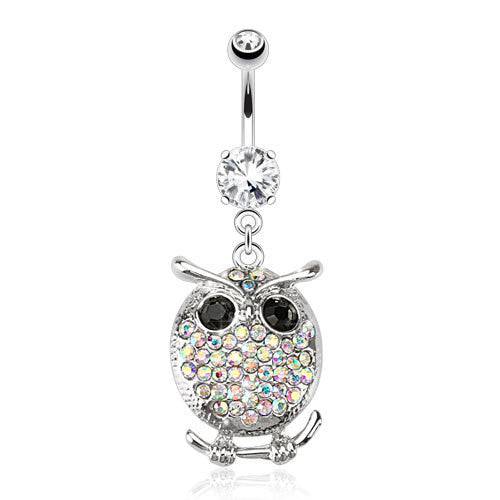 Surgical Steel Belly Button Navel Ring with CZ Gem AB Chubby Owl Dangle - Pierced Universe