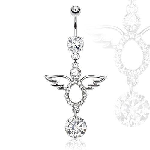 Surgical Steel Belly Button Navel Ring with CZ Gem Angel Wings Tear-drop Dangle - Pierced Universe