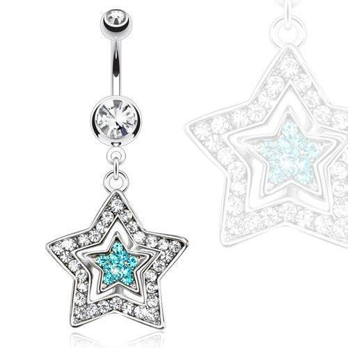 Surgical Steel Belly Button Navel Ring with CZ Multi Layer Star Dangle - Pierced Universe