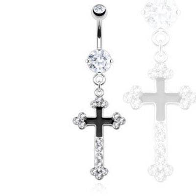 Surgical Steel Belly Button Navel Ring with Dangling Black Religious Cross with White CZ Gems - Pierced Universe