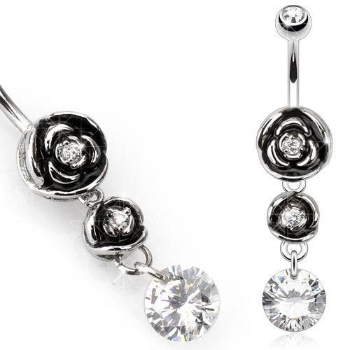 Surgical Steel Belly Button Navel Ring with Double Rose Flower Gem Drop Dangle - Pierced Universe