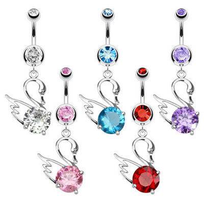 Surgical Steel Belly Button Navel Ring with Elegant CZ Swan Dangle - Pierced Universe