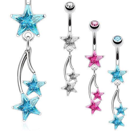 Surgical Steel Belly Button Navel Ring with Fixed Shooting Double Star Dangle - Pierced Universe
