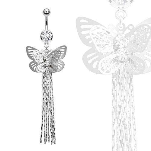 Surgical Steel Belly Button Navel Ring with Layered Butterfly with Tassels Dangle - Pierced Universe