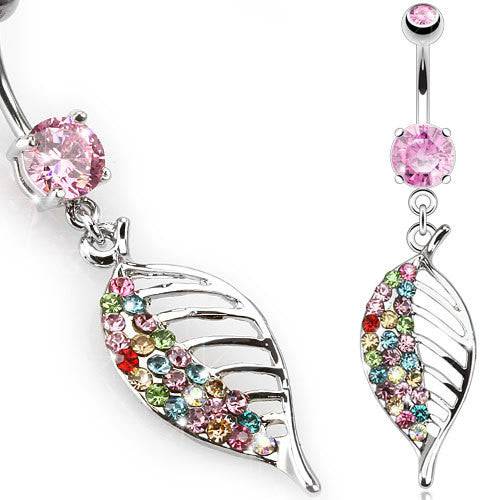 Surgical Steel Belly Button Navel Ring with Multi Color Gem Feather Leaf Dangle - Pierced Universe