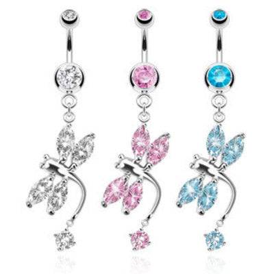 Surgical Steel Belly Button Prong Set CZ Gem Dangling Dragon Fly Ring - Pierced Universe