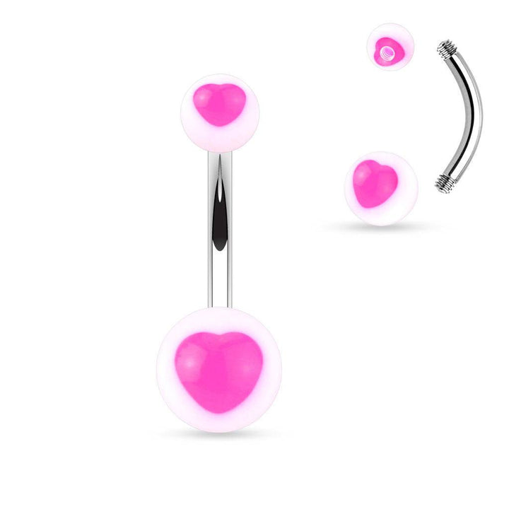 Surgical Steel Belly Ring Bar with Acrylic UV Heart Balls - Pierced Universe