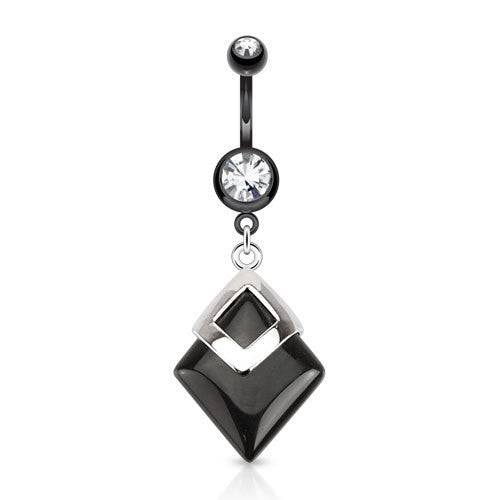 Surgical Steel Black Onyx Agate Semi Precious Organic Stone Belly Button Navel Ring Dangle - Pierced Universe