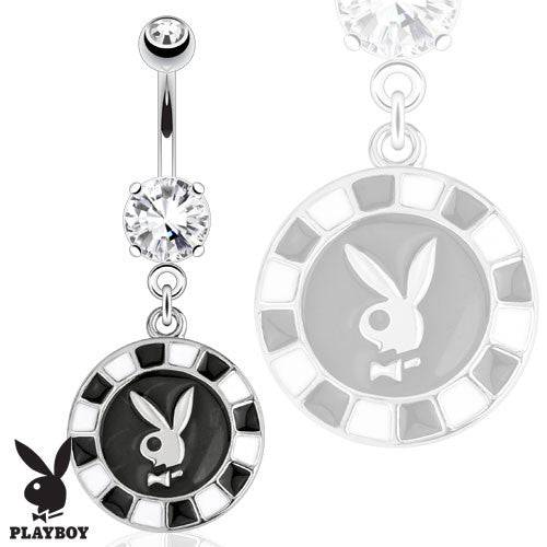 Surgical Steel Black Poker Chip Playboy Bunny Belly Button Dangling Navel Ring - Pierced Universe