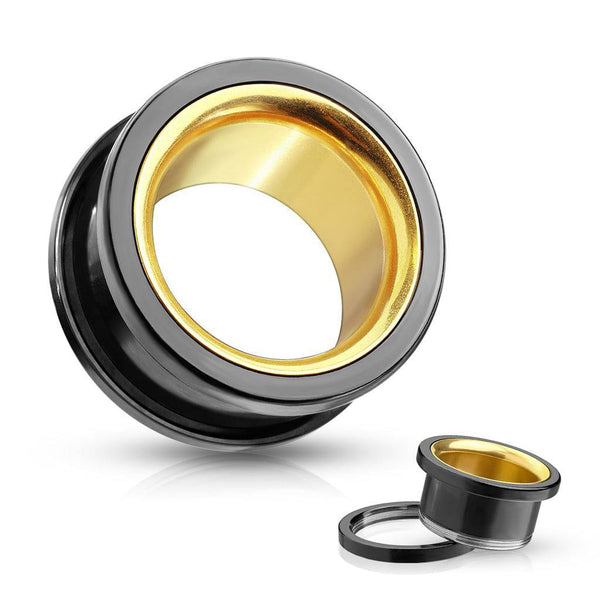 Surgical Steel Black PVD Screw on Tunnels with Gold Interior - Pierced Universe