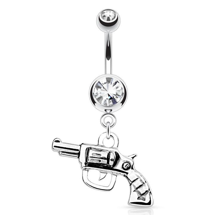 Surgical Steel Clear Gem Revolver Gun Dangling Belly Button Navel Ring - Pierced Universe