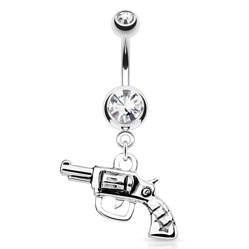 Surgical Steel Clear Gem Revolver Gun Dangling Belly Button Navel Ring - Pierced Universe