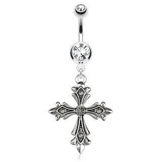 Surgical Steel Clear Vintage Gothic Cross Crucifix Belly Ring - Pierced Universe