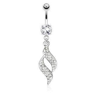 Surgical Steel Clear White Swirl Leaf Design Dangle Belly Button Navel Ring - Pierced Universe