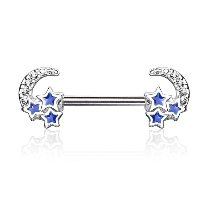 Surgical Steel Crescent Moon & Blue Stars Nipple Ring Barbell - Pierced Universe