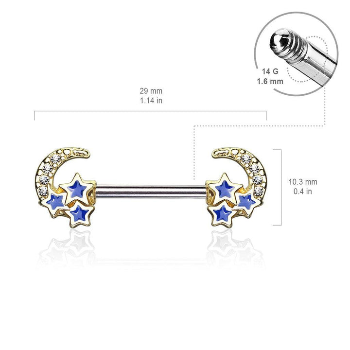 Surgical Steel Crescent Moon & Blue Stars Nipple Ring Barbell - Pierced Universe