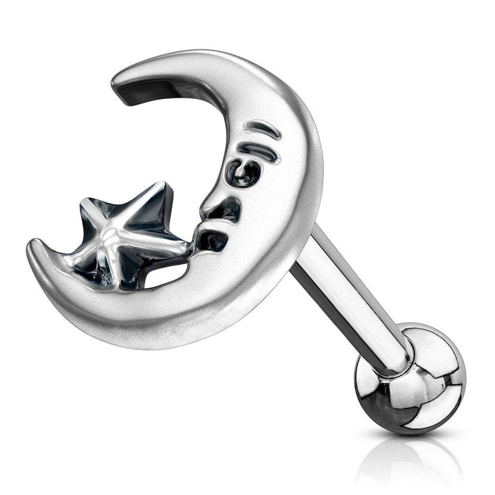 Surgical Steel Crescent Moon Star Ball Back Cartilage Barbell - Pierced Universe