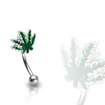Surgical Steel Curved Marijuana Weed Pot Leaf Barbell Eyebrow Cartilage Ring - Pierced Universe